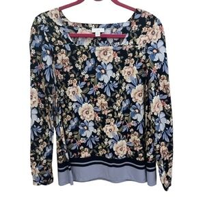 J Jill Blue Floral Long Sleeve Square Neck Rayon Blouse Size XS